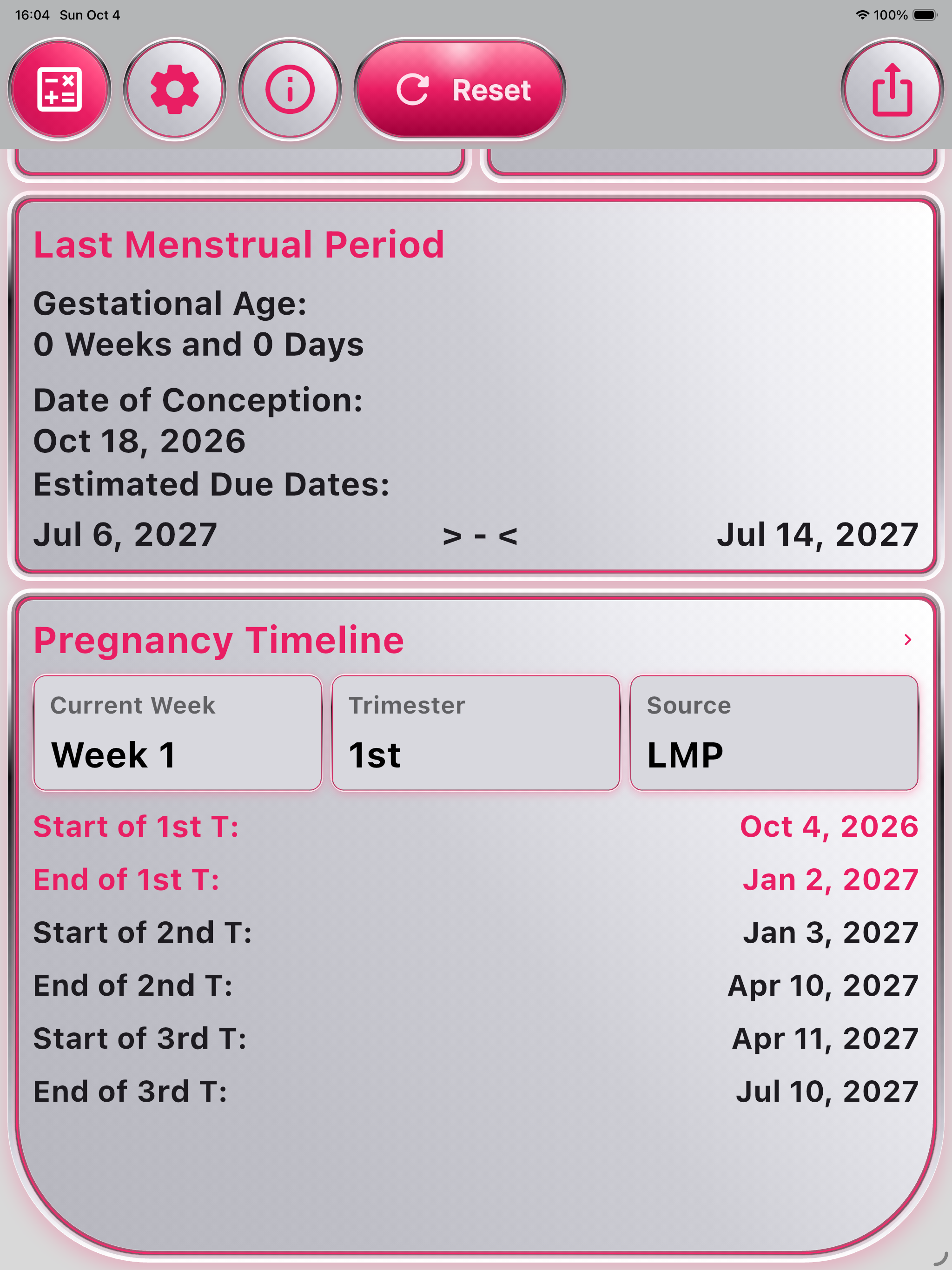 Pregnancy calculator results on iPad