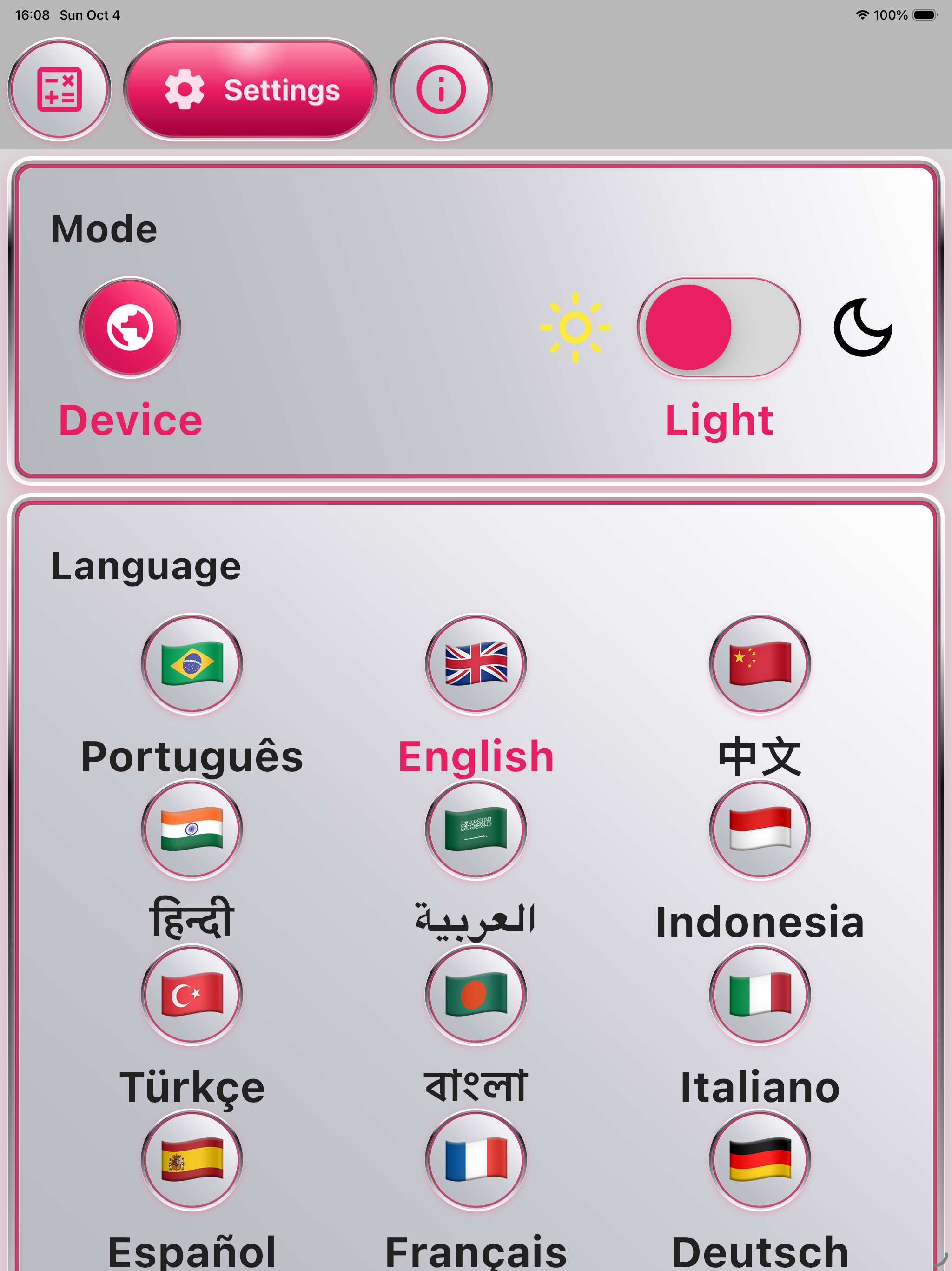 Settings and language selection on iPad