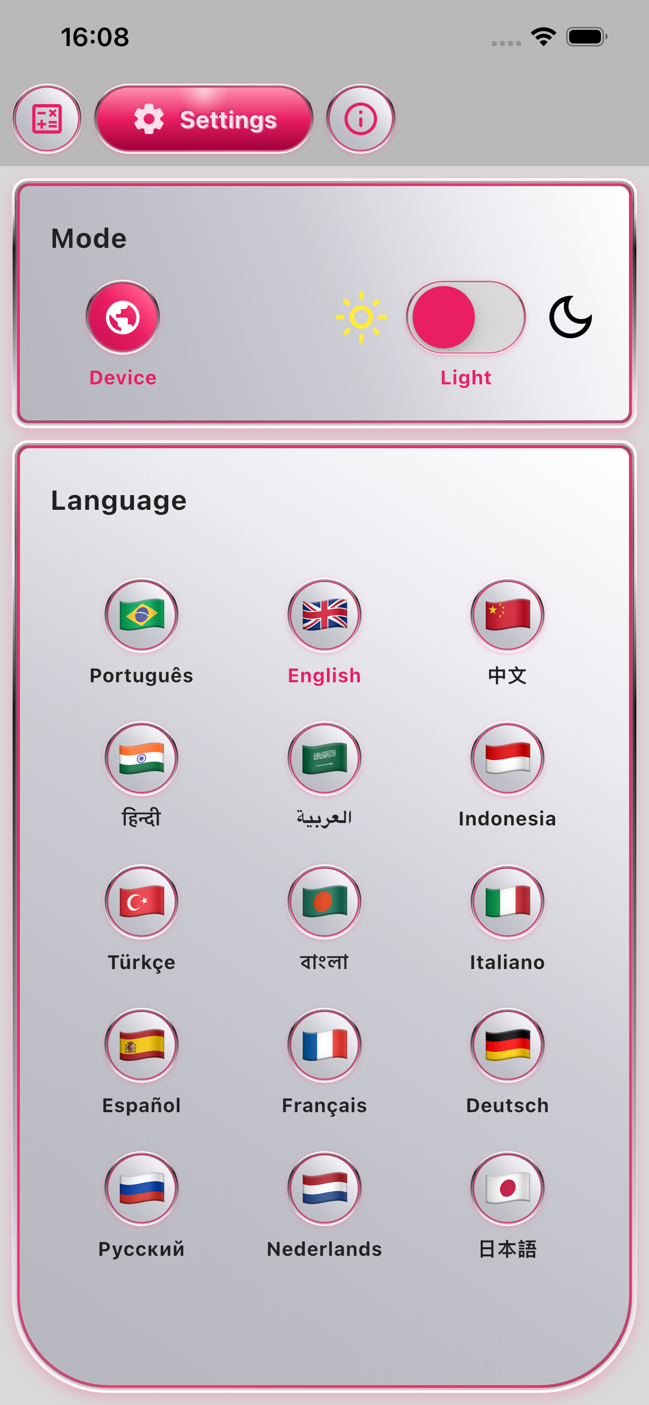 Settings and language selection on iPhone